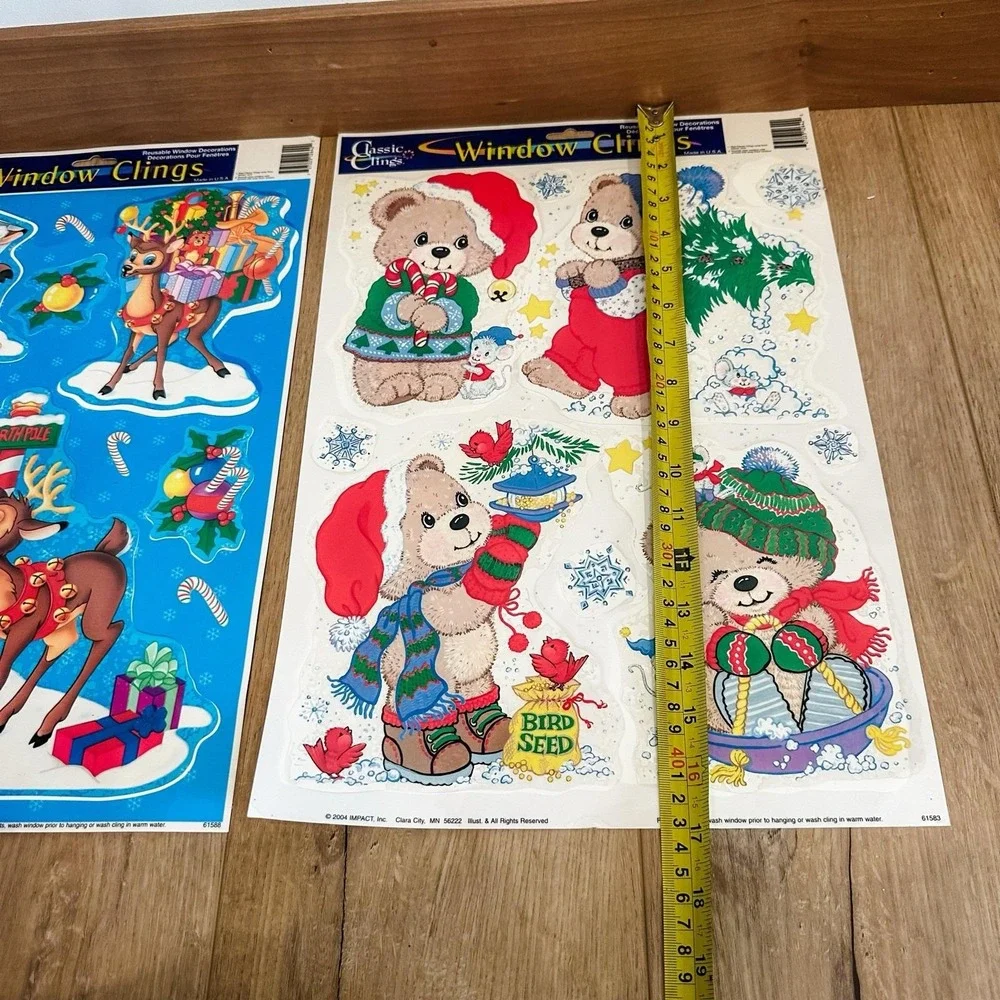 VTG 2000's (2) Christmas Window Clings Decals‎ Santa Reindeer Teddy Bears